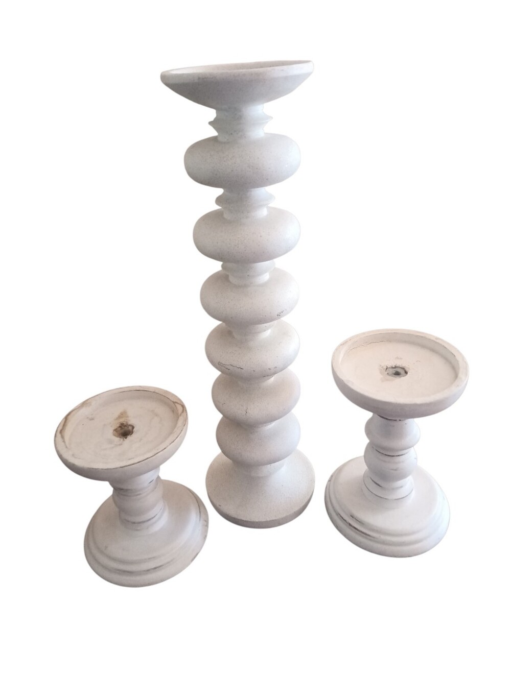 3 White Candle Holders Three Hands 16" Resin Bobbin Style 2 Smaller Wood